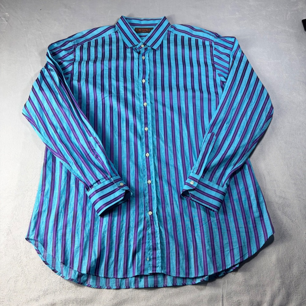 Etro Milano Mens Striped Cotton Button Down Shirt Blue Purple Italy Size 46